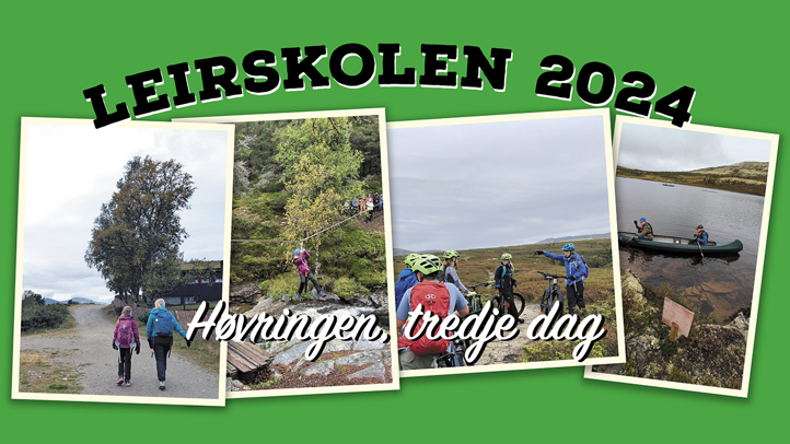 FIre bilder av  elever som går på tur, sykler i fjellet, henger i løpestreng og padler i kano