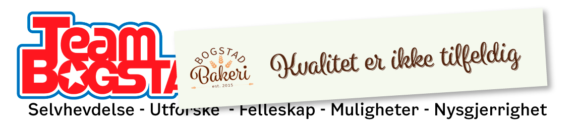 Team Bogstad logo og et banner med logoen for Bogtad Bakeri med mottoet "Kvalitet er ikke tilfeldig"