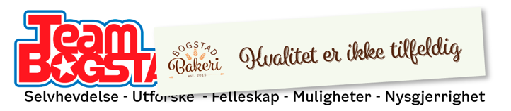 Team Bogstad logo og et banner med logoen for Bogtad Bakeri med mottoet "Kvalitet er ikke tilfeldig"