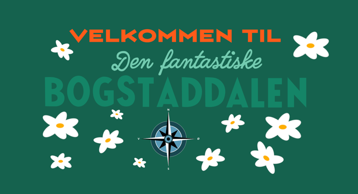 Grønn plakat med blomsterdekorasjon. Teksten er "Velkommen til den fantastiske Bogstaddalen!
