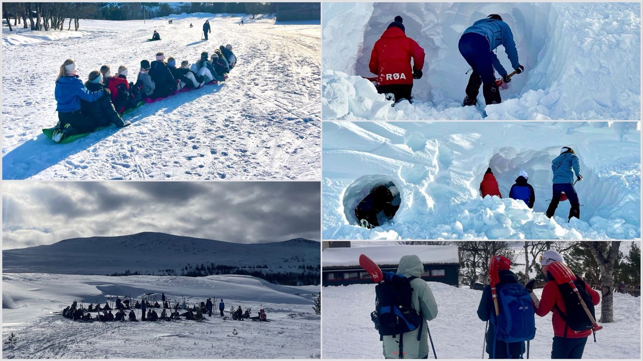 Bildekollage som viser elever som graver snøhuler, aker på akematter og sitter i ring i snøen.