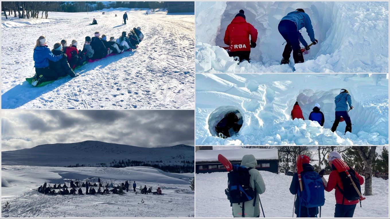 Bildekollage som viser elever som graver snøhuler, aker på akematter og sitter i ring i snøen.