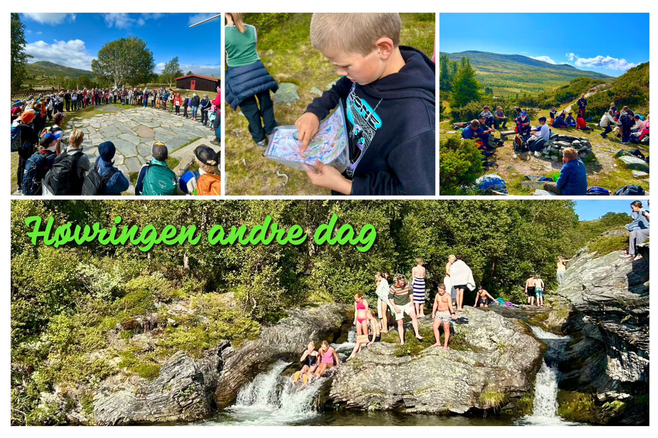 Collage av fire bilder, to viser elevgruppe på tur i fjellet, et viser elev som bruker kart og kompass. Det siste bildet er av elever som bader i et elvestryk.