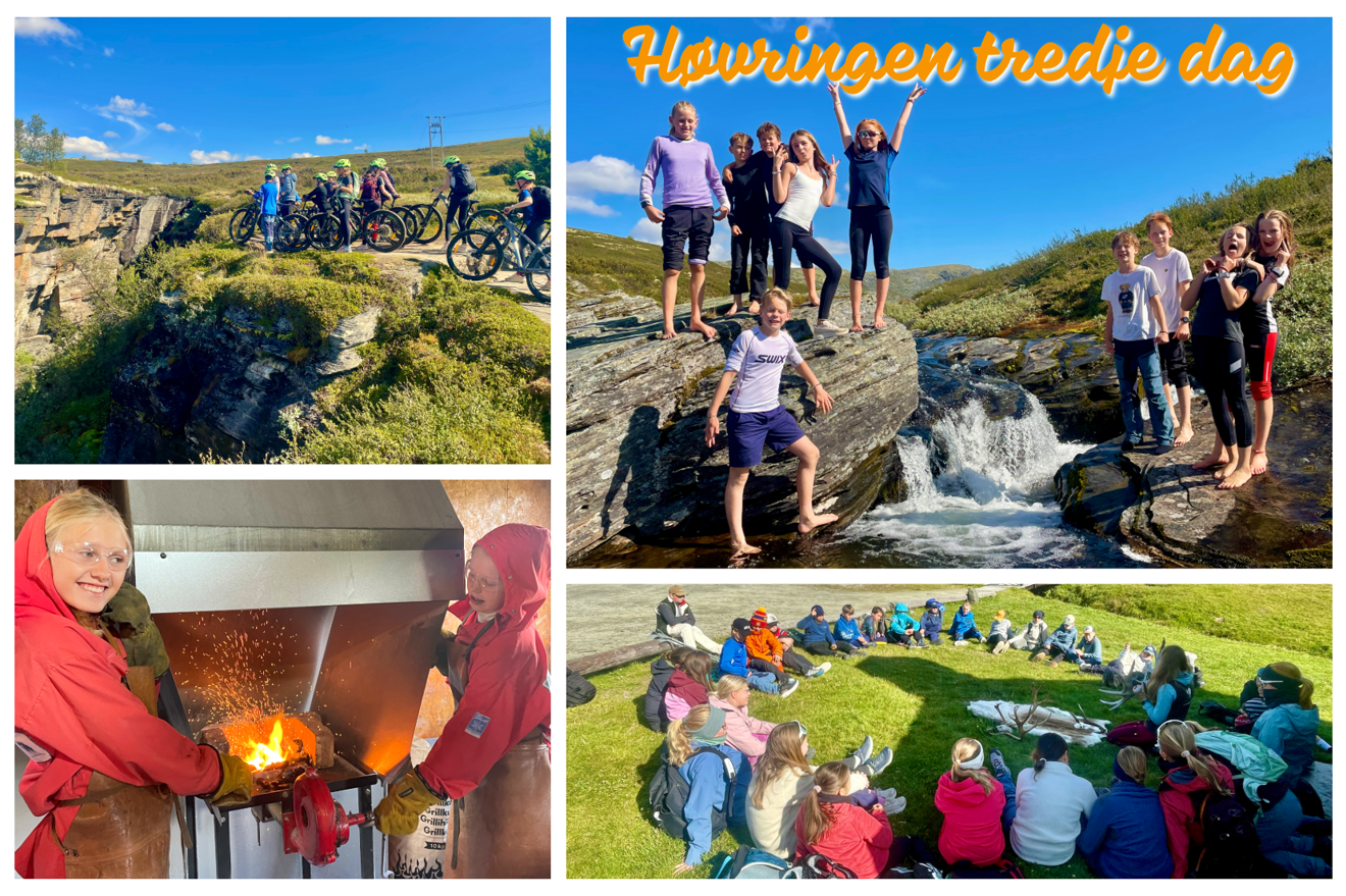 collage av bilder av elever som sykler på fjellsti, jobber i smia, har samling på gresset og står på en klippe ved en stor bekk.