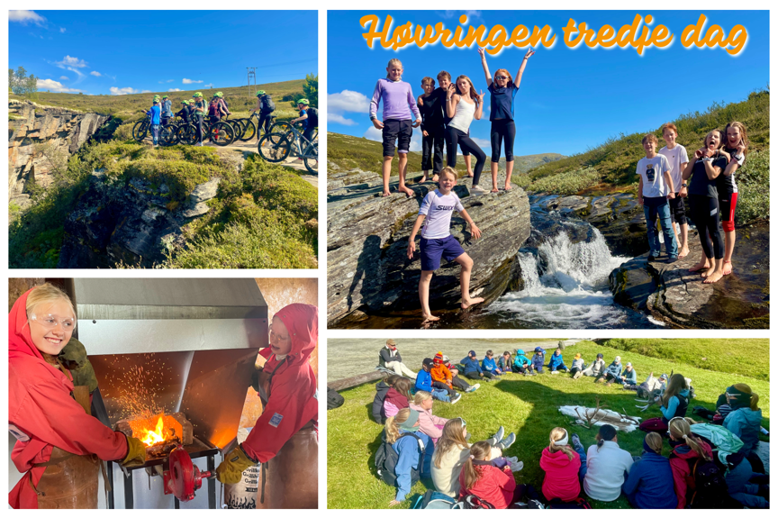 collage av bilder av elever som sykler på fjellsti, jobber i smia, har samling på gresset og står på en klippe ved en stor bekk.