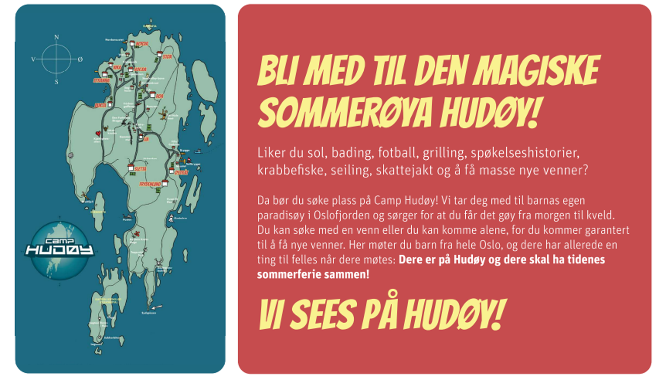 Plakat med kart over Hudøy og tekst med informasjon om Hudøy