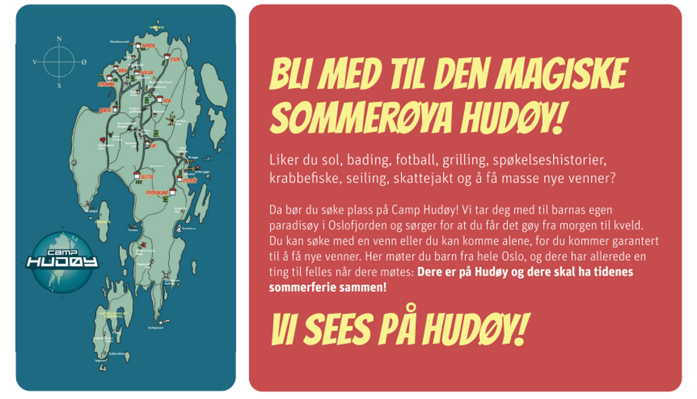 Plakat med kart over Hudøy og tekst med informasjon om Hudøy