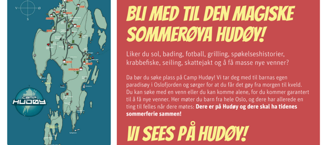Plakat med kart over Hudøy og tekst med informasjon om Hudøy Plakat med kart over Hudøy og tekst med informasjon om Hudøy