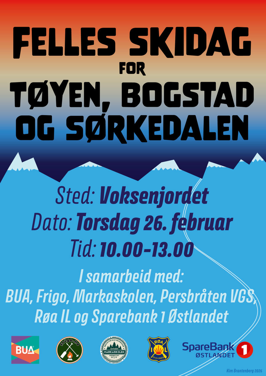 Plakat med teksten "Felles skidag for Tøyen, Bogstad og Sørkedalen. I bakgrunnen snøkledte fjell og en kveldshimmel i sterke blå og røde farger.