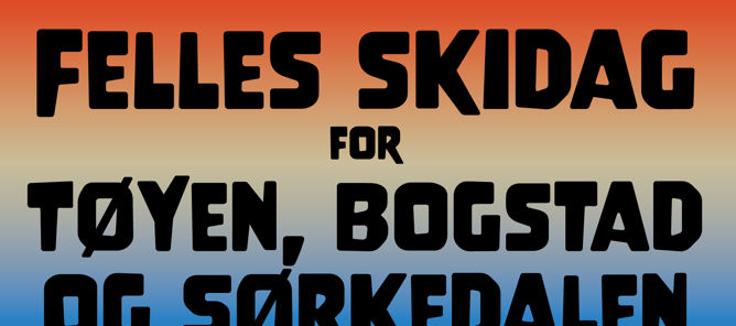Plakat med teksten Plakat med teksten "Felles skidag for Tøyen, Bogstad og Sørkedalen. I bakgrunnen snøkledte fjell og en kveldshimmel i sterke blå og røde farger.